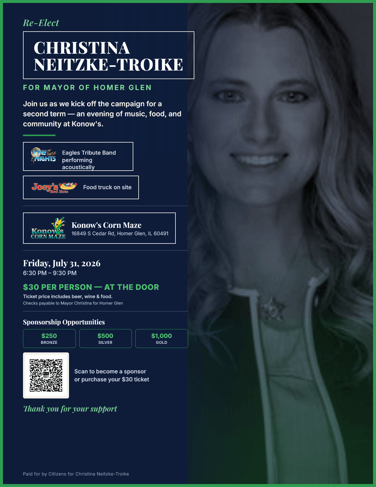 Kickoff fundraiser flyer — Friday July 31, 2026 at Konow's Corn Maze
